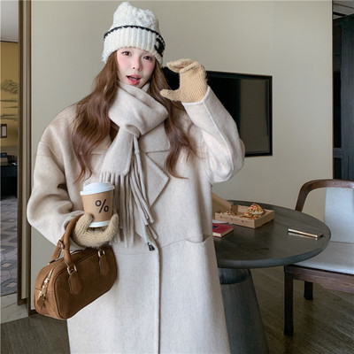 白色双面呢羊绒大衣女2025冬季新款高级感中长款宽松围巾羊毛外套