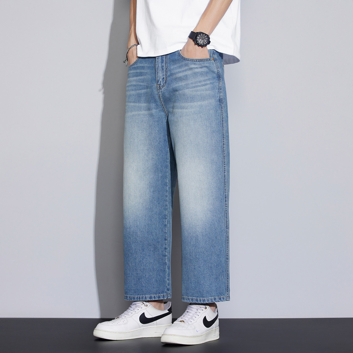 浅色九分牛仔裤男士2026春季新款宽松直筒美式潮牌水洗休闲长裤子