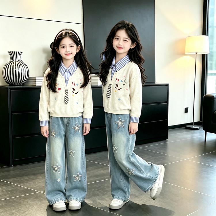女童衬衫领假两件卫衣2026新款儿童牛仔裤套装女孩洋气春秋衣服潮