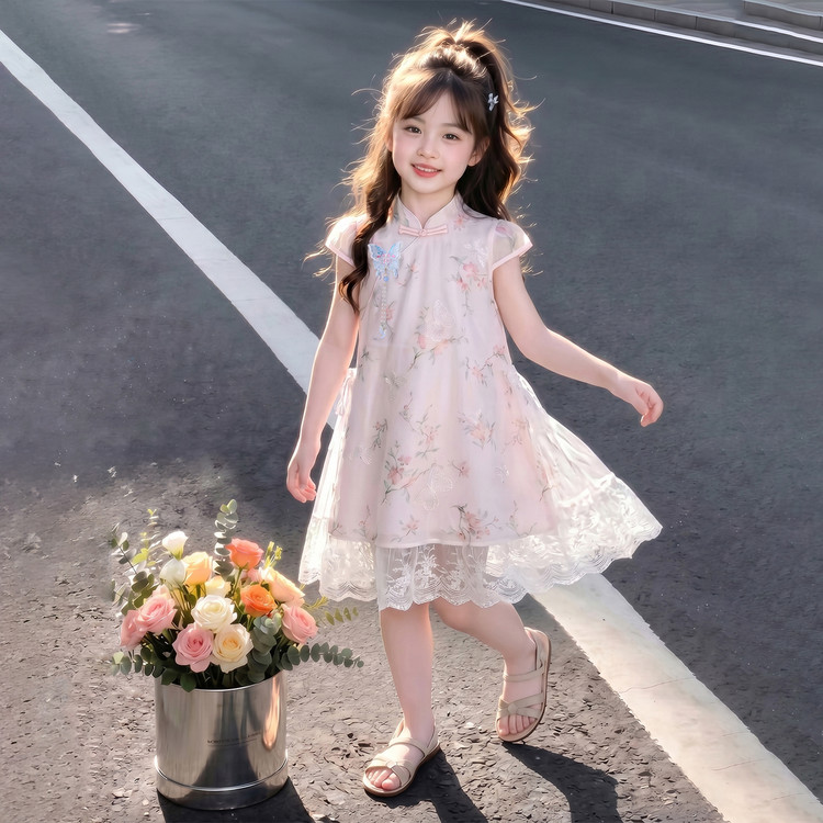 夏季女童新中式国风小公主儿童巨好看绝美裙子宝宝粉色旗袍连衣裙