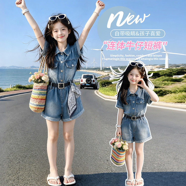 女童连体裤2026新款夏季儿童牛仔连体衣女大童洋气时髦短裤童装潮