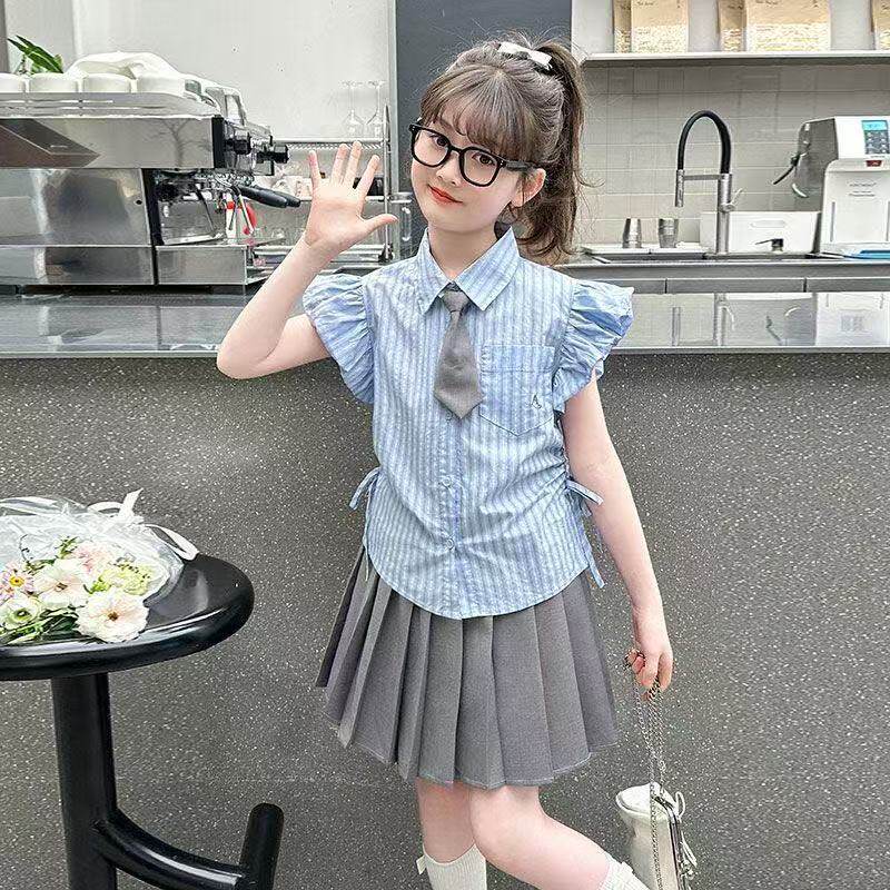 女童夏季套装儿童学院风短袖条纹衬衫12岁女孩夏装百褶裙jk两件套