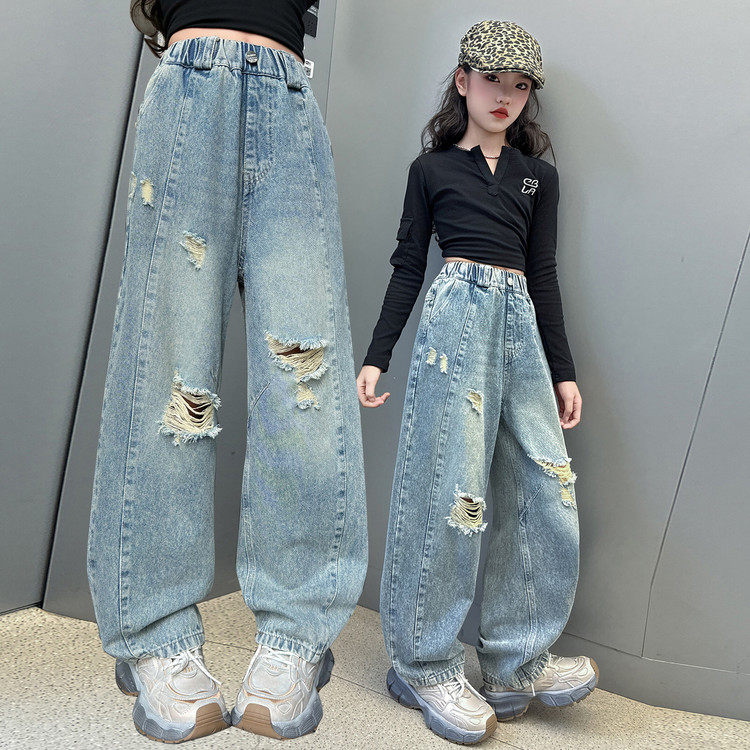 女童春款破洞牛仔裤2026新款女孩洋气烫钻宽松直筒裤中大童阔腿裤