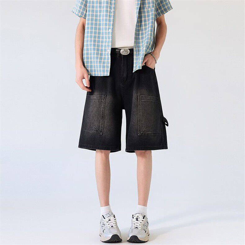 夏季倒装牛仔短裤男美式高街潮牌vibe宽松休闲设计感做旧五分中裤