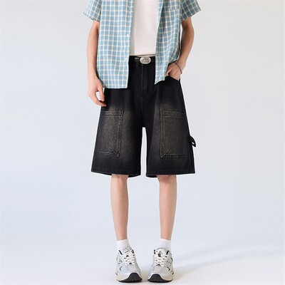 夏季倒装牛仔短裤男美式高街潮牌vibe宽松休闲设计感做旧五分中裤