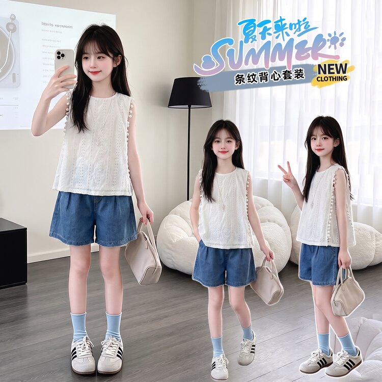 女童夏装超火套装2026新款女孩大童洋气背心裙子儿童度假风两件套