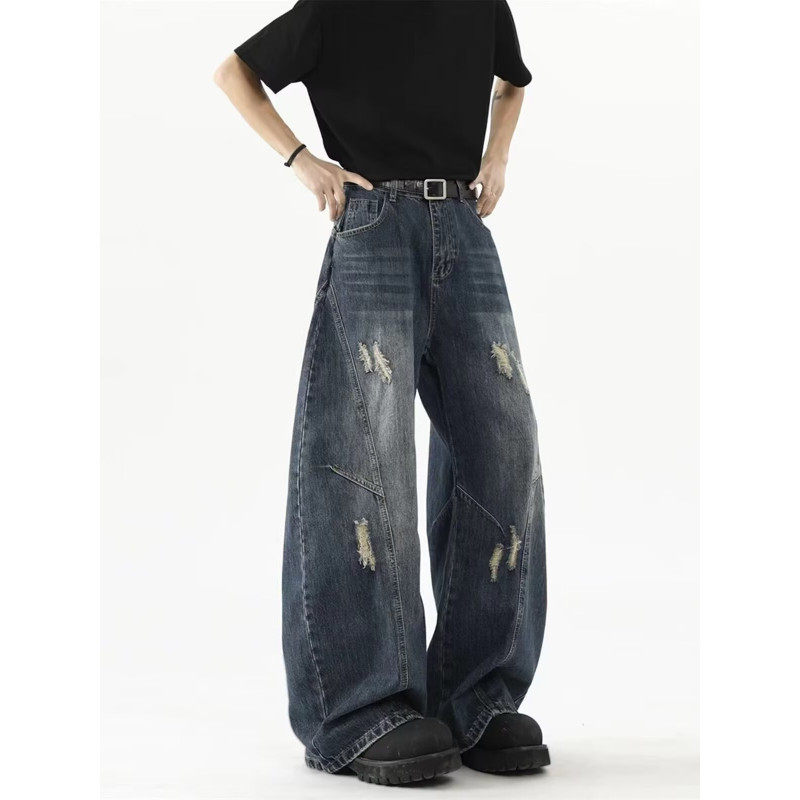 潮牌设计感破洞牛仔裤男春季高街水洗阔腿裤美式解构百搭弯刀裤子