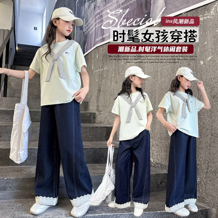 女童夏装套装2026新款5初中生短袖牛仔裤7两件套8中大童9夏季12岁