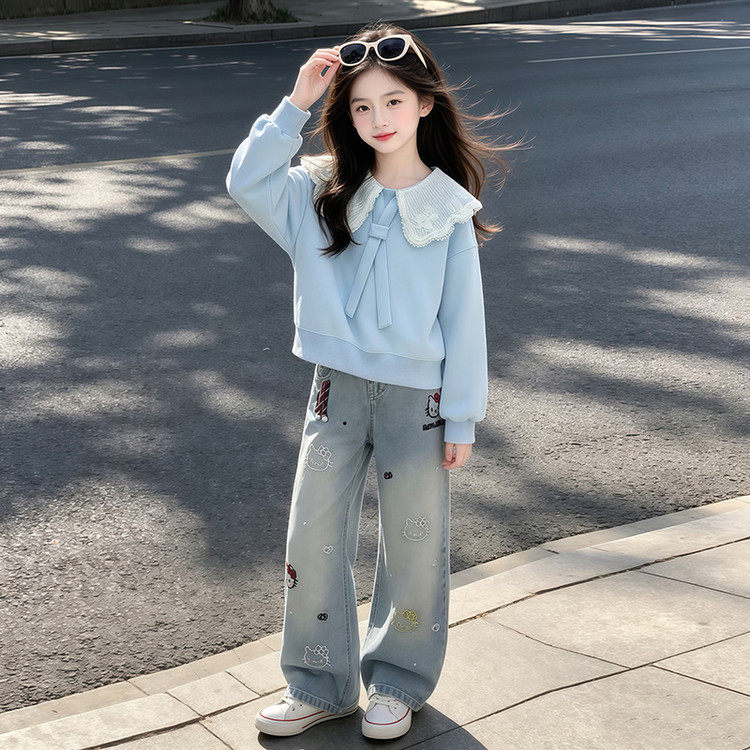 女童套装2026秋装新款大童女孩超火韩系卫衣牛仔裤儿童秋季衣服