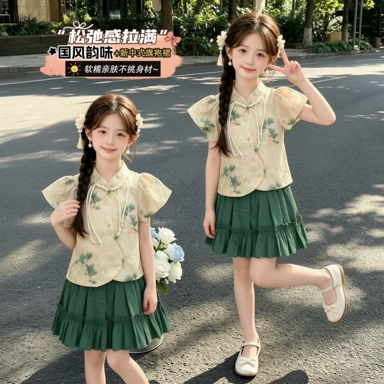 女童套装夏季2026新款新中式印花盘扣衬衫中大童夏装百褶裙两件套