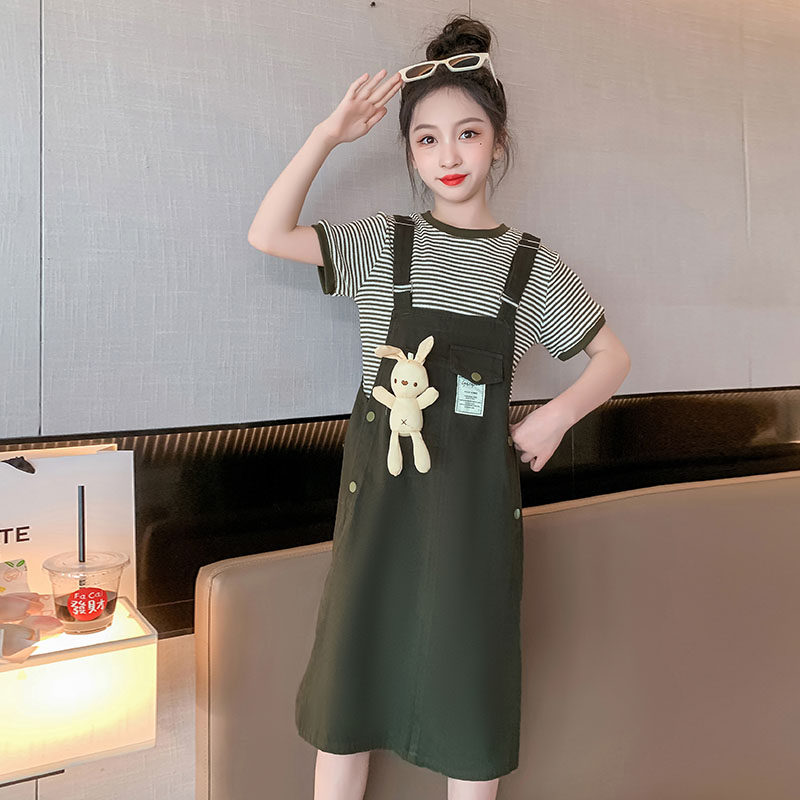 女童夏装背带连衣裙套装2026新款洋气儿童短袖裙子时髦9女孩T恤裙