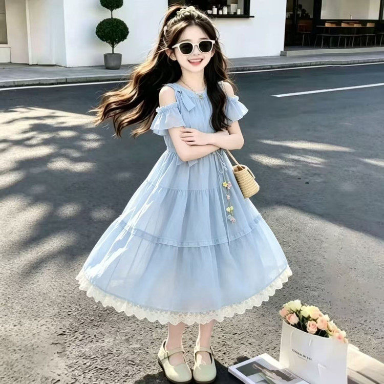 女童连衣裙夏装2026新款儿童甜美可爱雪纺蝴蝶结初中生露肩袖长裙