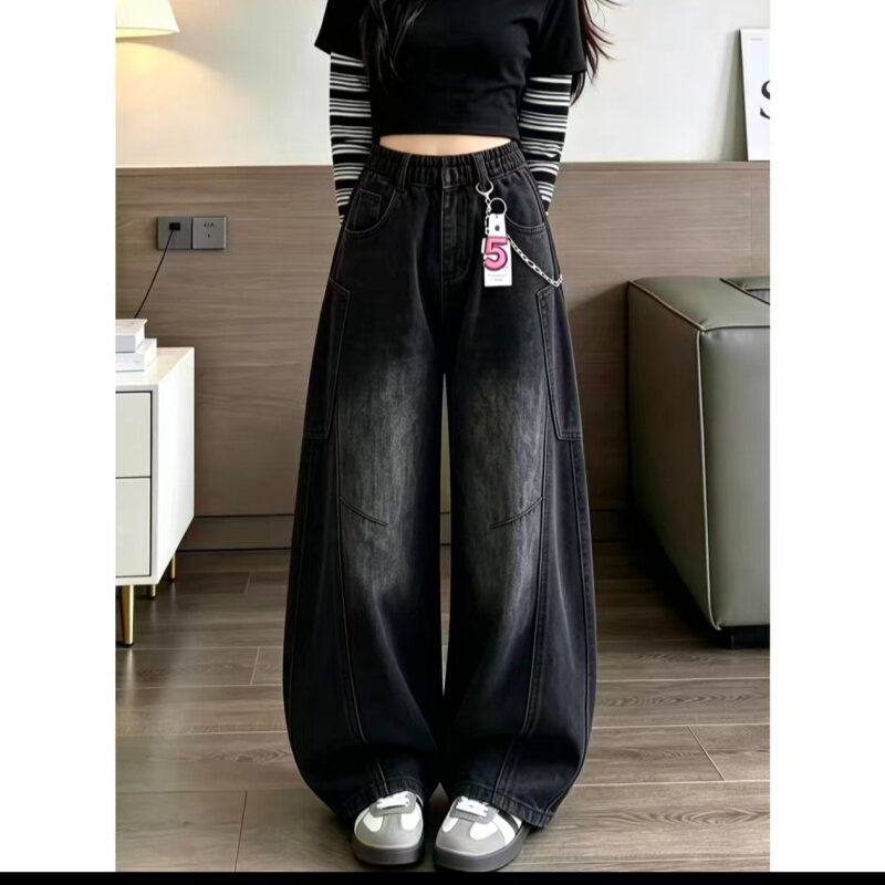 女童黑色阔腿牛仔裤中大童宽松时髦潮酷弯刀裤洋气女孩春秋装裤子