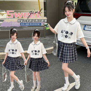 女童学院风套装夏季2026年新款jk制服短袖上衣中大童女格子百褶裙