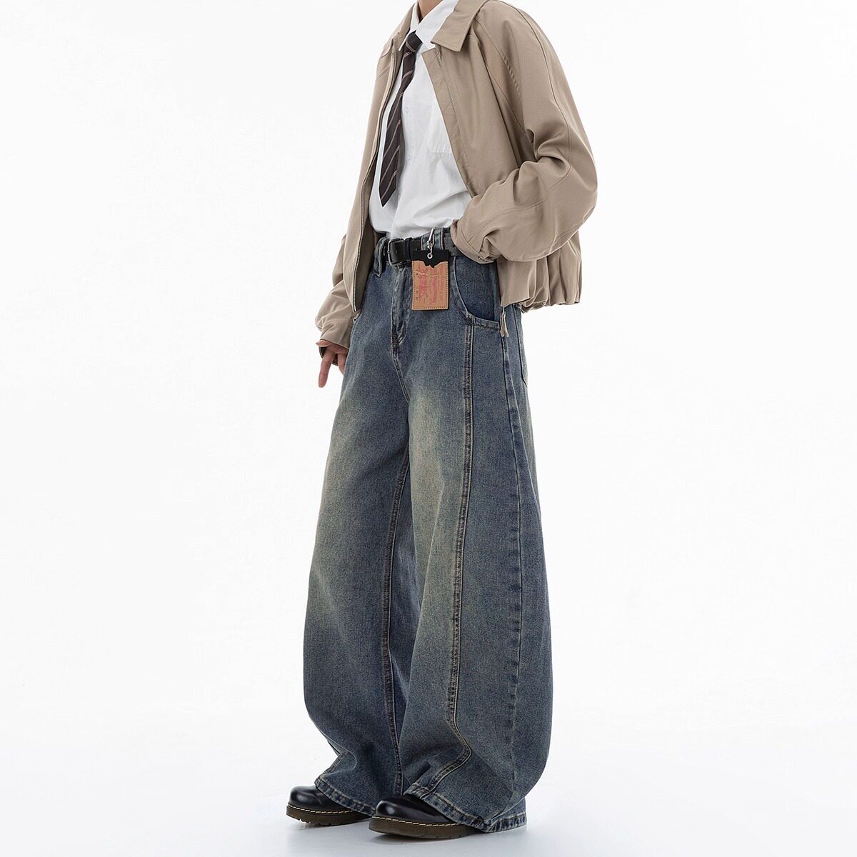 美式解构宽松潮流弯刀牛仔裤男款秋冬季直筒阔腿裤男生长裤子