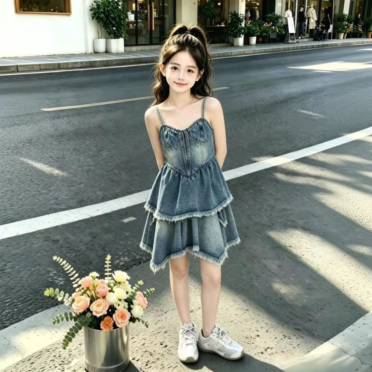 女童夏季牛仔吊带裙2026新款儿童薄款洋气裙子大童夏装时髦连衣裙