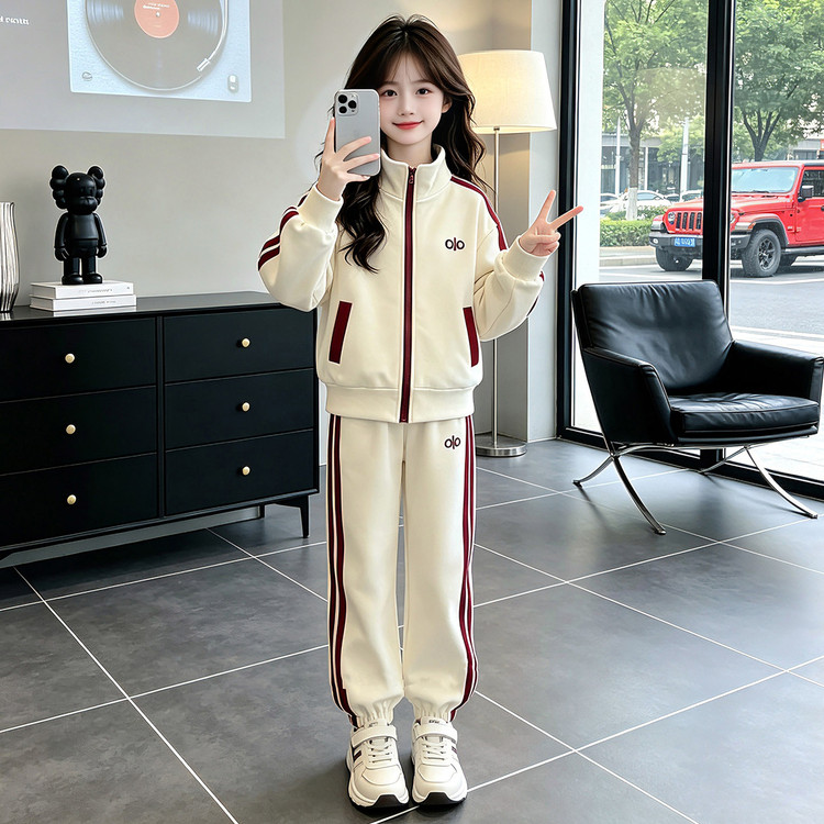 女童春秋运动套装2025新款中大童洋气撞色条纹休闲女孩两件套时髦