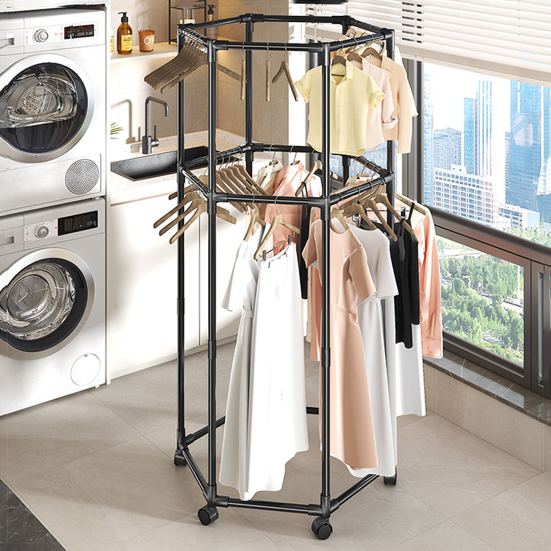 晾衣架落地式阳台家用出租屋衣帽架小型收纳架室内六边形可移动