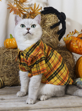 宠物衣服万圣节衬衫狗狗猫咪节日装扮格纹开胸易穿脱春夏季薄款