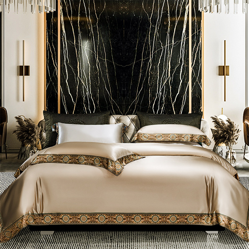 欧式高档重磅桑蚕丝四件套轻奢简约风床单床笠丝绸被套床上用品