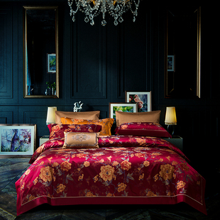 高端140支全面长绒棉植物花卉四件套轻奢新中式色织提花床上用品