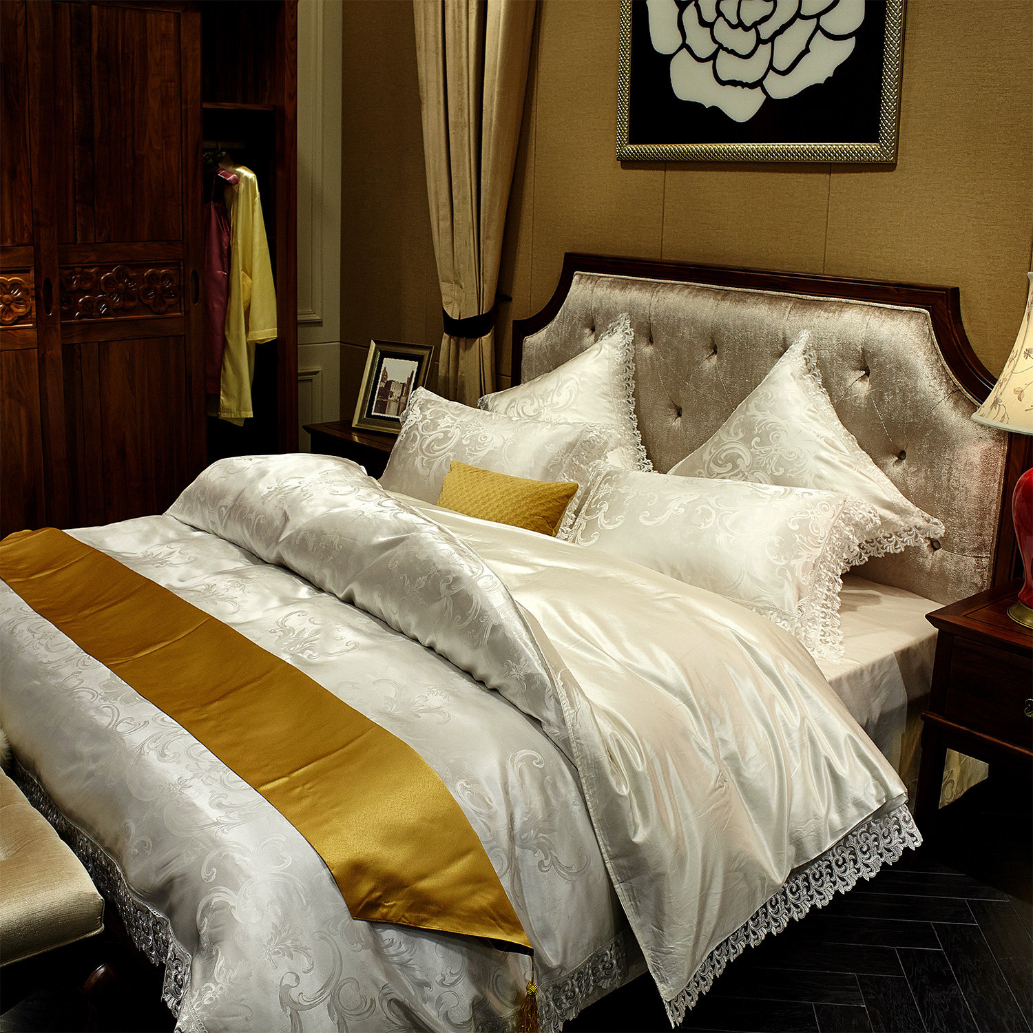 欧式高档真丝精美提花床单六件套轻奢纯白蕾丝花边皇宫床上用品