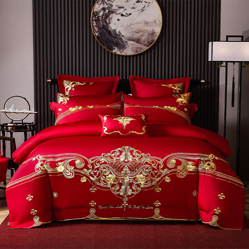 梦悠廉结婚床上用品十件大红色婚庆四件套龙凤婚嫁家纺全棉被套
