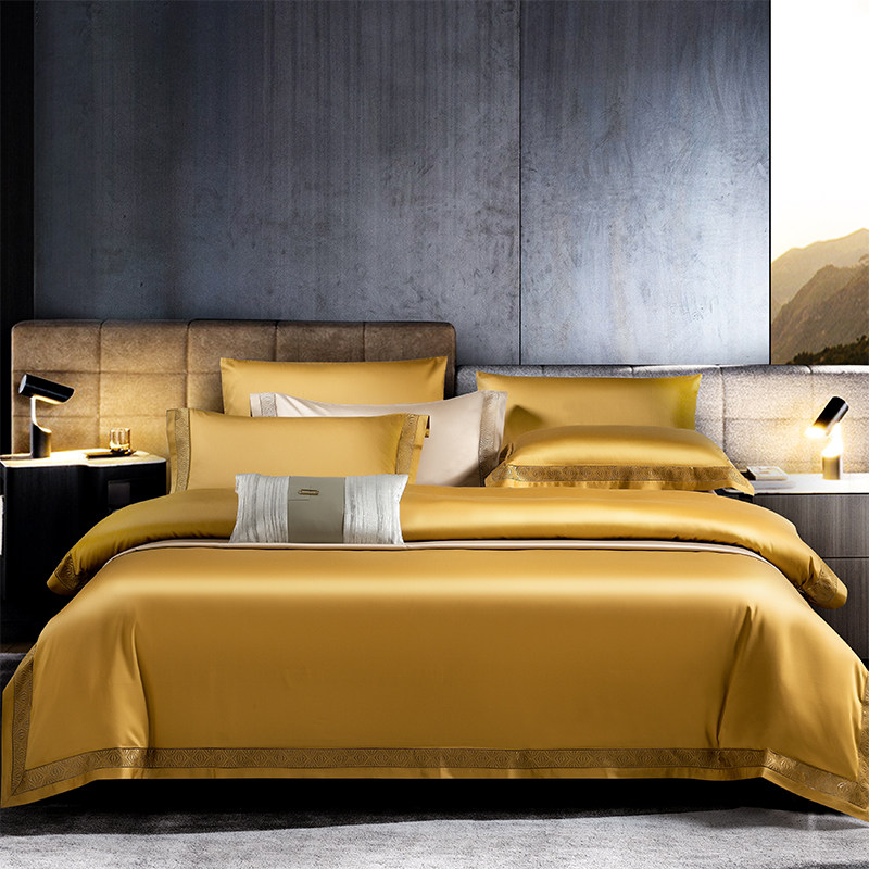 欧美式全棉提花床单四件套贡缎刺绣纯色简约五星级酒店奢华被套