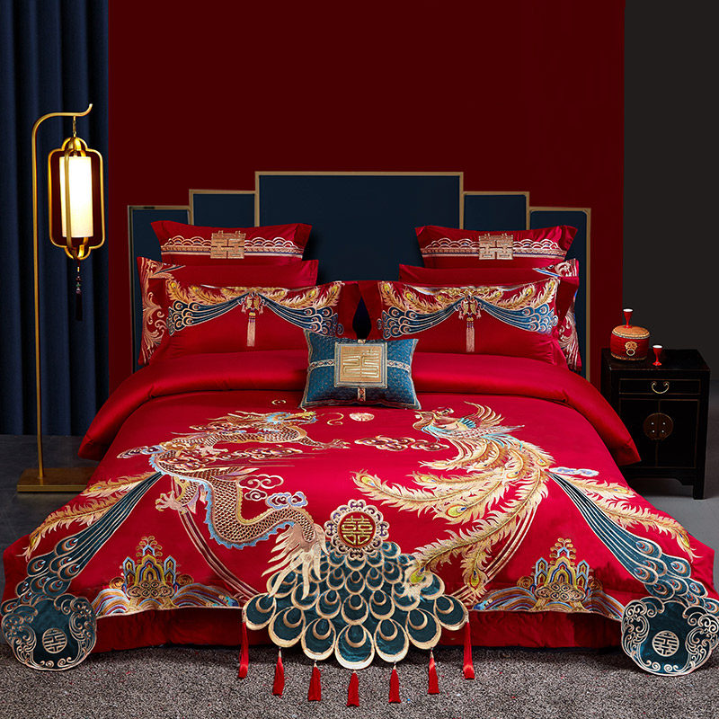 梦悠廉结婚四件套龙凤大红色婚庆床上用品六八十件套全棉被套