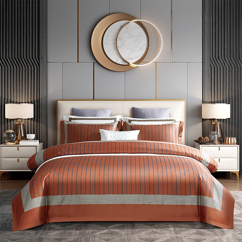 美式简约印花140S长绒棉四件套全棉纯棉别墅高端双人被套床上用品