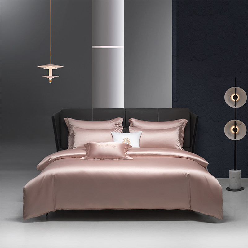 高端轻奢贡缎150S长绒棉四件套欧式纯棉简约纯色刺绣被套床上用品