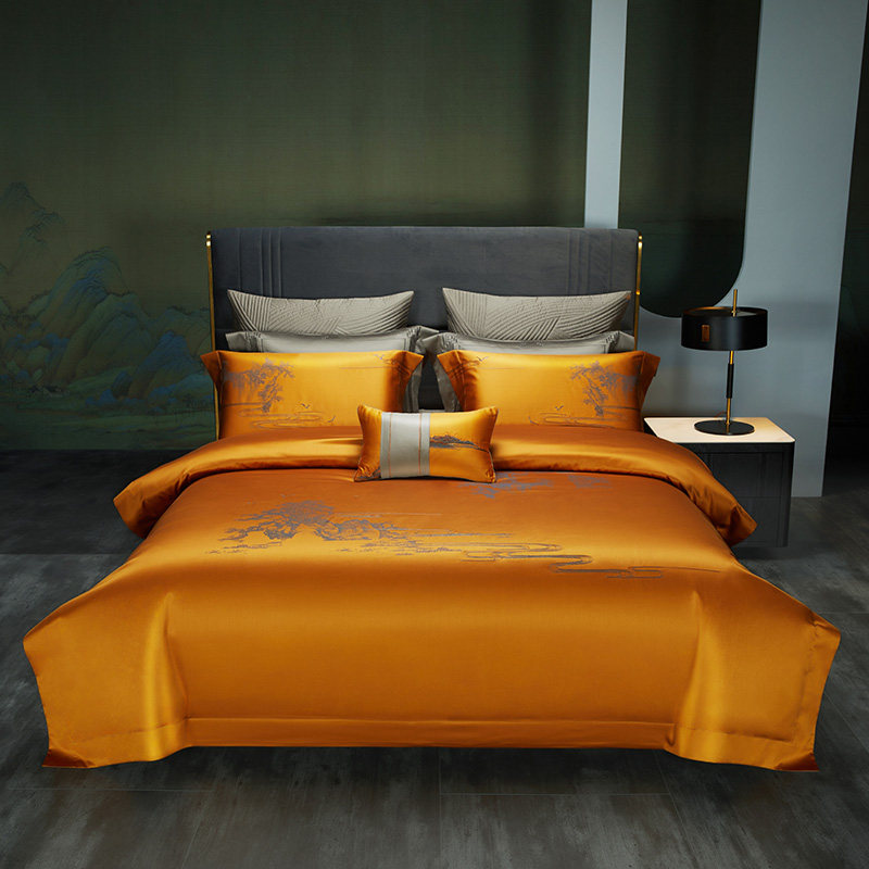 新中式高档160支长绒棉高精密刺绣六件套国风纯棉提花床上用品