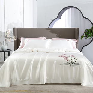 新中式 重磅32姆米桑蚕丝床单四件套轻奢简约纯色凉感花卉床上用品