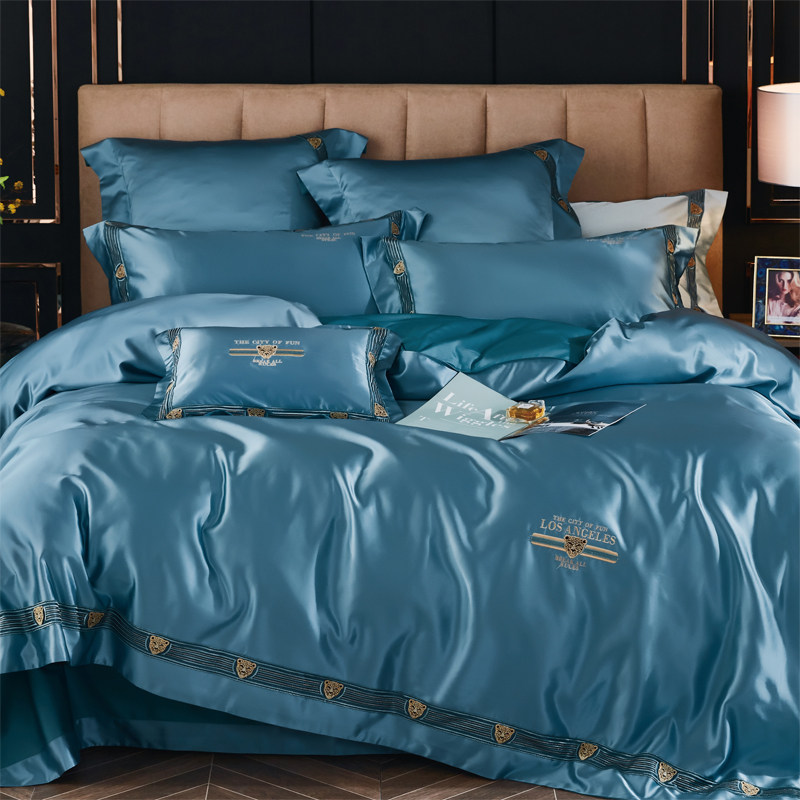 新品高端长绒棉刺绣100支四件套轻奢全棉纯棉蓝灰色被套4床上用品