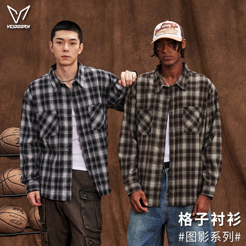 维动美式复古格子衫T恤夏秋季高