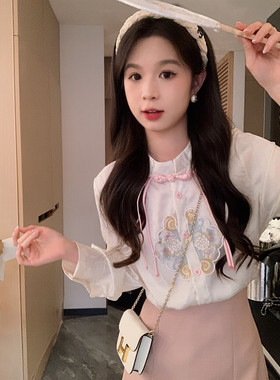 安璃 新中式国风仙气粉色系少女感衬衫精致刺绣盘扣甜美上衣新款
