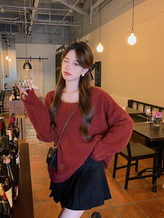 安璃 ANLI 秋冬慵懒风宽松长款毛衣金属拼接圆领厚实毛感上衣新款