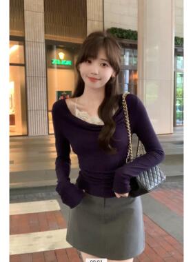 安璃 纯欲感蕾丝拼接挂脖上衣时髦显瘦百搭长袖T恤2024年新款