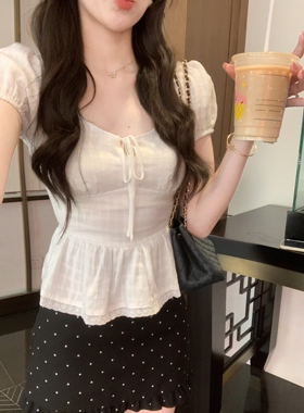 安璃 法式温柔系带格子暗纹上衣