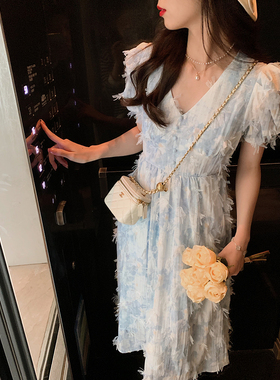 安璃 ANLI 蓝色花海~油画感流苏碎花裙收腰显瘦温柔风长裙新款