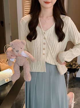 安璃 ANLI 宽松慵懒风菱格麻花V领针织开衫秋冬温柔百搭长袖毛衣