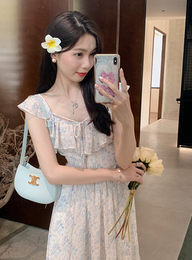 安璃 温柔梦幻波光粼粼蓝色碎花裙收腰显瘦荷叶边绑带连衣裙新款