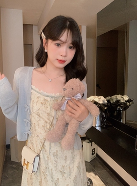 安璃 甜心蓝色系花边绑带吊带裙+蝴蝶结开衫（分开拍）