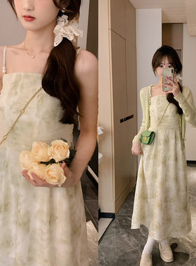 安璃 ANLI 绿野仙踪~绿色油画感碎花吊带针织开衫小清新两件套