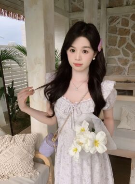 安璃 薰衣草~甜心花边绑带紫色小碎花方领连衣裙