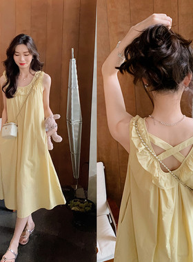 安璃 ANLI 夏季清爽奶油黄水洗棉木耳边背心裙透气时髦休闲长裙