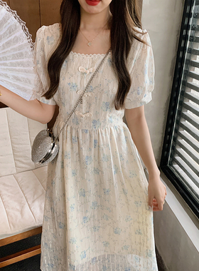 安璃 ANLI 复古清纯国风盘扣清新小蓝花碎花裙方领刺绣花边连衣裙