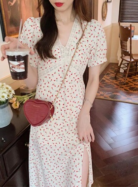 安璃 ANLI V领蕾丝边郁金香碎花裙开叉小心机设计甜美连衣裙新款