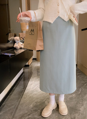 安璃 ANLI 2023年新款高腰百搭秋冬毛呢浅蓝色半身裙气质温柔长裙
