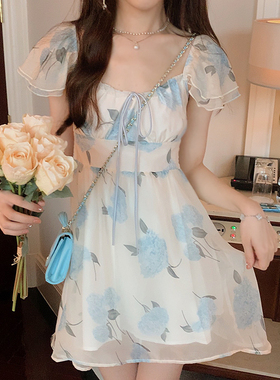 安璃 ANLI 梦幻氛围感蓝色碎花裙方领系带收腰显瘦少女短裙新款